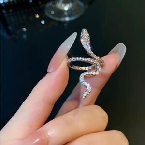 Womens Goth Punk Rhinestone Adjustable Silver-tone Snake Ring